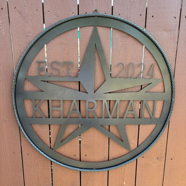 30" KHARMAN CUSTOM NAME SIGN LASERCUT CUSTOM METAL VINTAGE CRAFT SIGN WITH TWISTED ROPE RING WESTERN HOME DECOR HANDMADE NEW