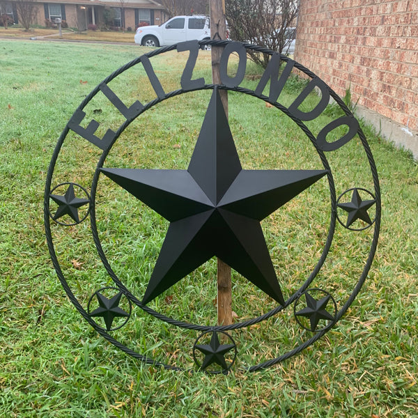 ELIZONDO STYLE CUSTOM NAME STAR BARN METAL STAR 3d TWISTED ROPE RING WESTERN HOME DECOR RUSTIC BLACK HANDMADE 24",32",36",50"