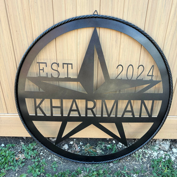 30" KHARMAN CUSTOM NAME SIGN LASERCUT CUSTOM METAL VINTAGE CRAFT SIGN WITH TWISTED ROPE RING WESTERN HOME DECOR HANDMADE NEW