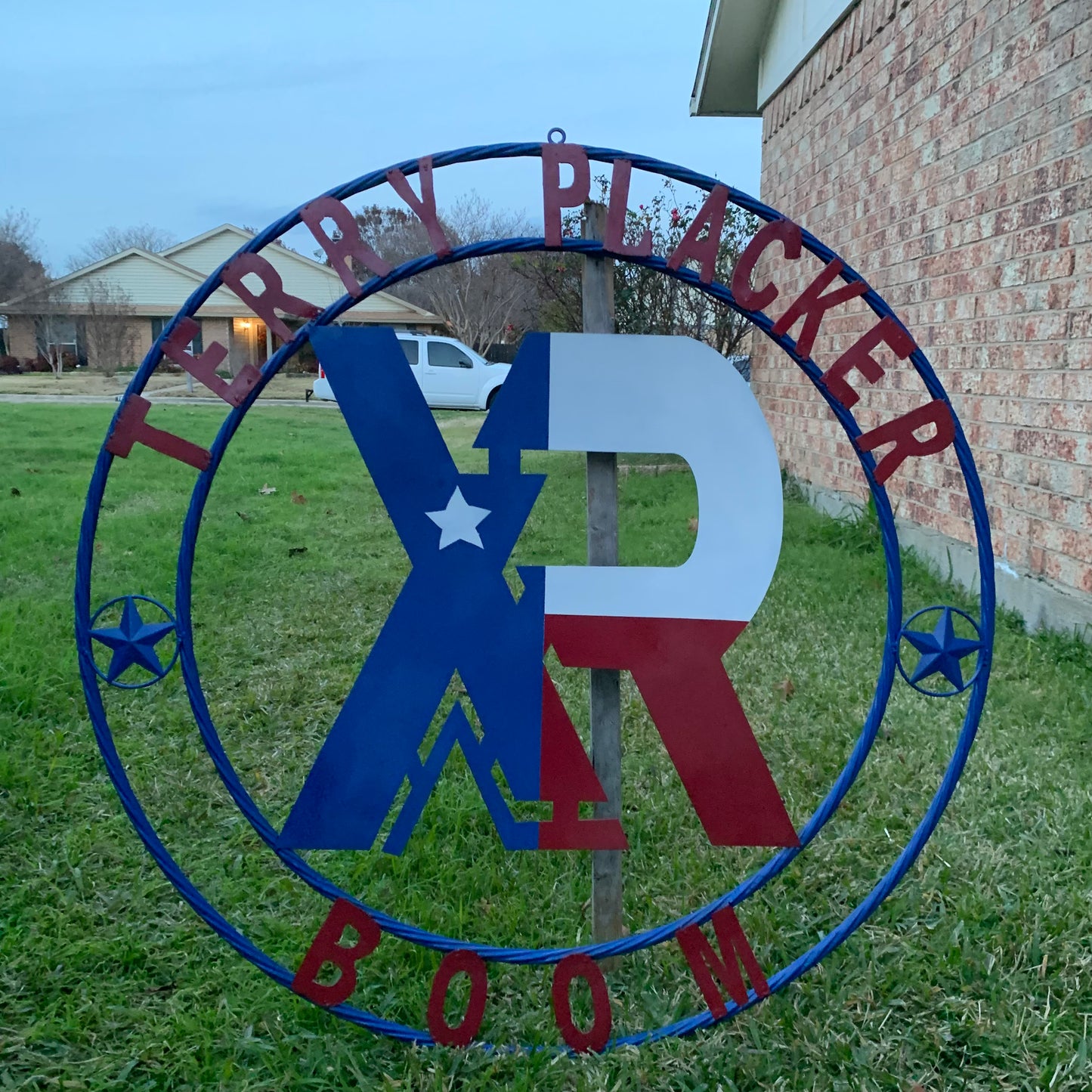 #EH11299 CUSTOM NAME XR ROOFING STYLE SIGN RED,WHITE & BLUE TEXAS FLAG LOGO HANDMADE