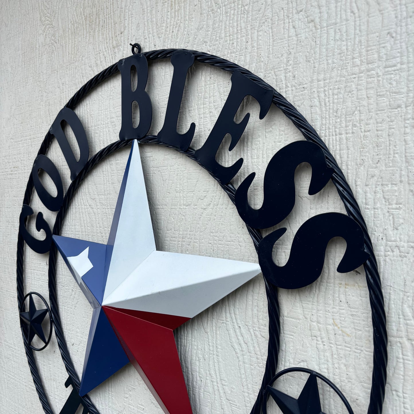 GOD BLESS TEXAS BARN STAR RED WHITE BLUE STAR WITH NAVY BLUE RING LONE STAR TWISTED ROPE RING WESTERN HOME DECOR HANDMADE