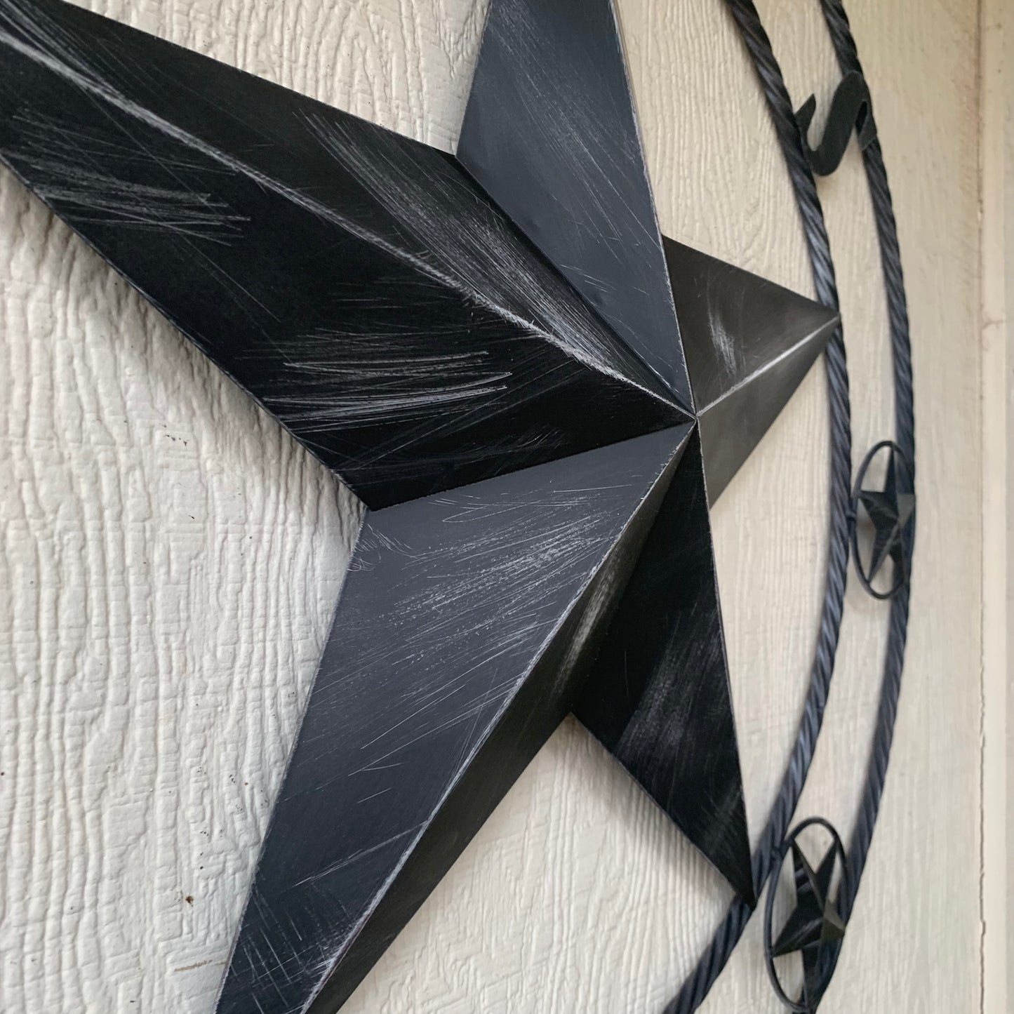 TEXAS BLACK DISTRESSED STAR TWO TONE TEXTURE BARN STAR METAL LONESTAR TWISTED ROPE RING WESTERN HOME DECOR HANDMADE NEW