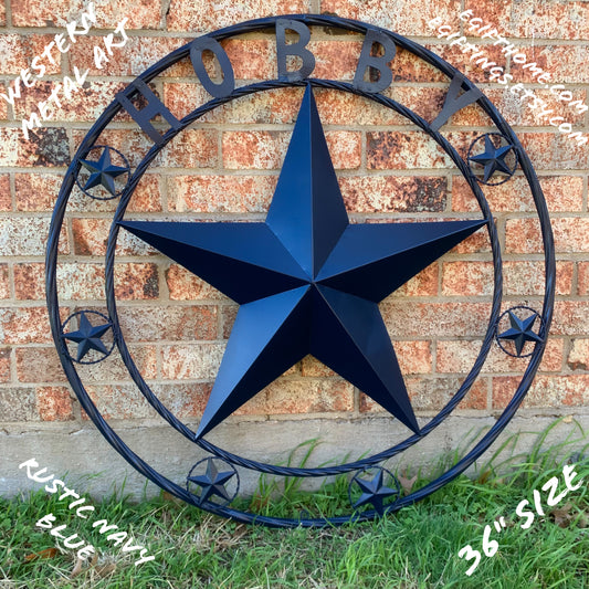 HOBBY STYLE CUSTOM NAME STAR BARN METAL STAR 3d TWISTED ROPE RING WESTERN HOME DECOR RUSTIC NAVY BLUE HANDMADE 24",32",36",50"