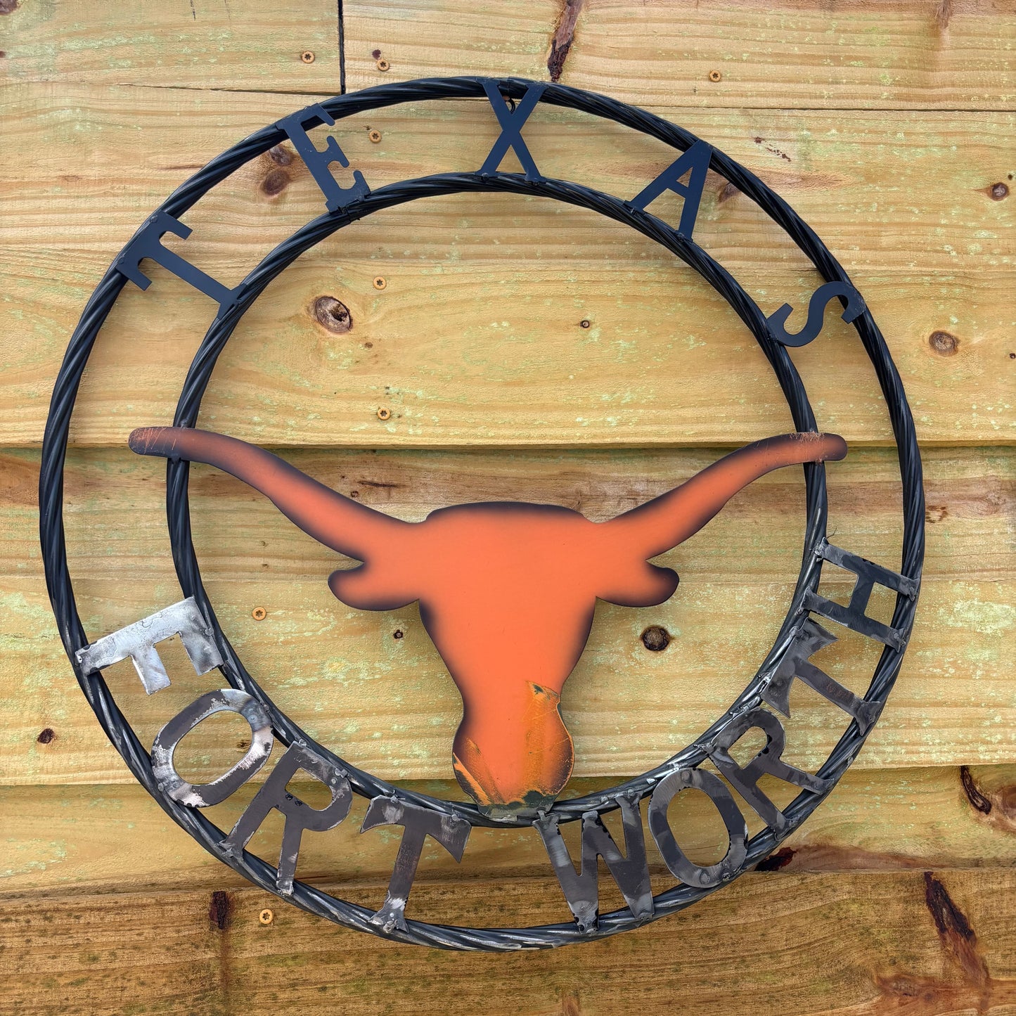 TEXAS FORT WORTH METAL SIGN LONGHORNS ORANGE WESTERN HOME DECOR HANDMADE