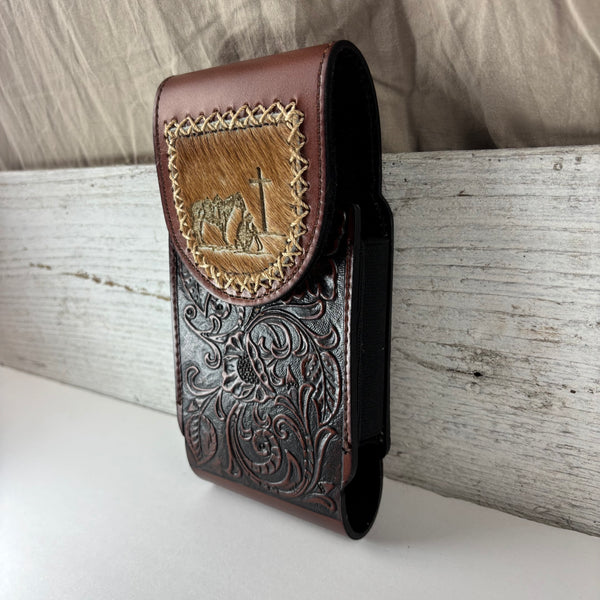 7" COWBOY PRAYER  LEATHER HOLSTER BROWN POUCH EXTRA LARGE  BELT LOOP CELL PHONE CASE UNIVERSAL OVERSIZE