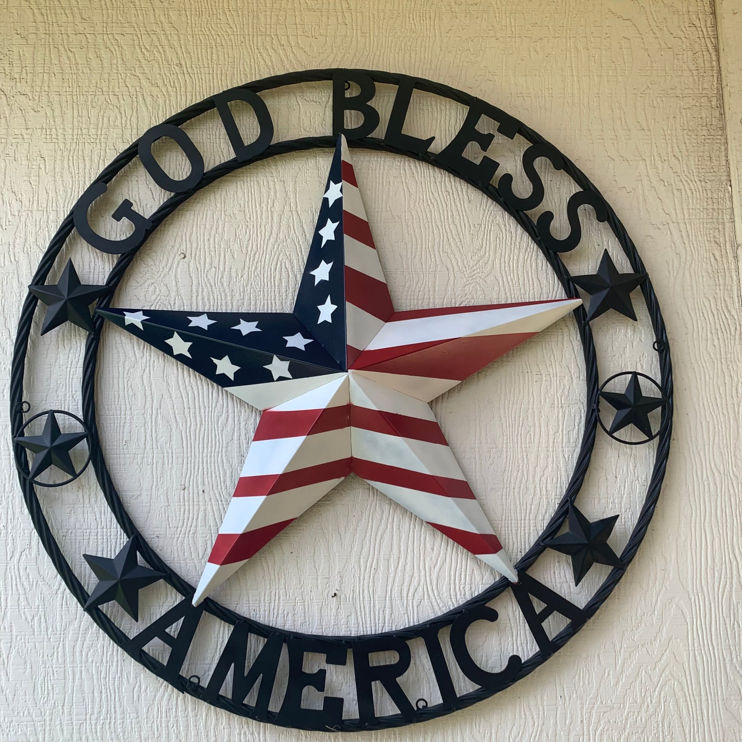 GOD BLESS AMERICA USA FLAG 3d STAR METAL BARN STAR BLACK TWISTED ROPE RING WALL ART WESTERN HOME DECOR RED WHITE & BLUE HANDMADE NEW #EH10490