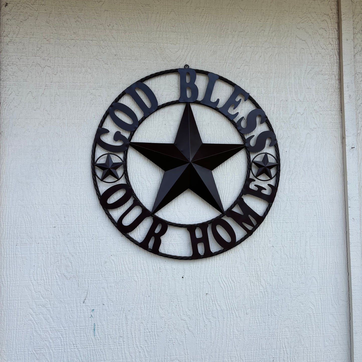 GOD BLESS OUR HOME BLACK BARN STAR METAL LONE STAR TWISTED ROPE RING WESTERN HOME DECOR HANDMADE #EH10941