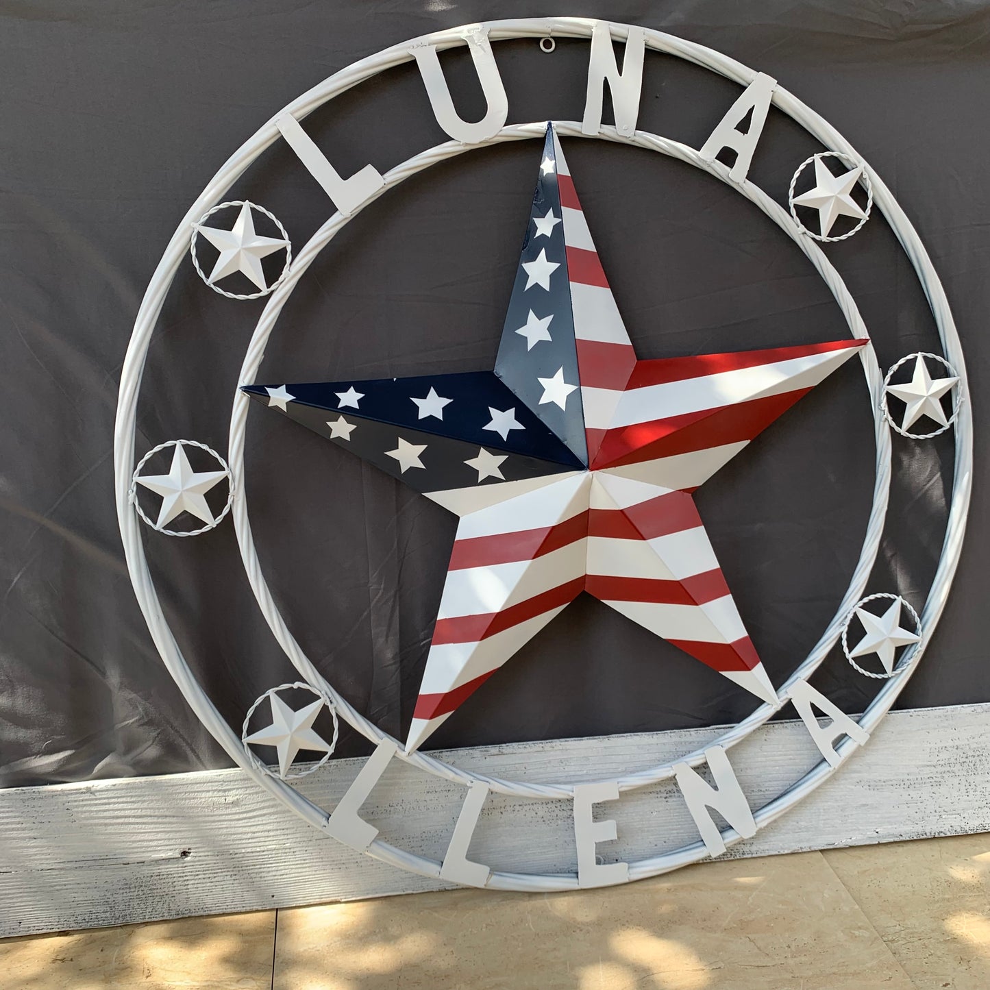 LUNA STYLE CUSTOM NAME BARN STAR METAL STAR 3d TWISTED ROPE RING WESTERN HOME DECOR USA FLAG STAR RED WHOTE & BLUE WITH WHITE RING HANDMADE 24",32",36",50"