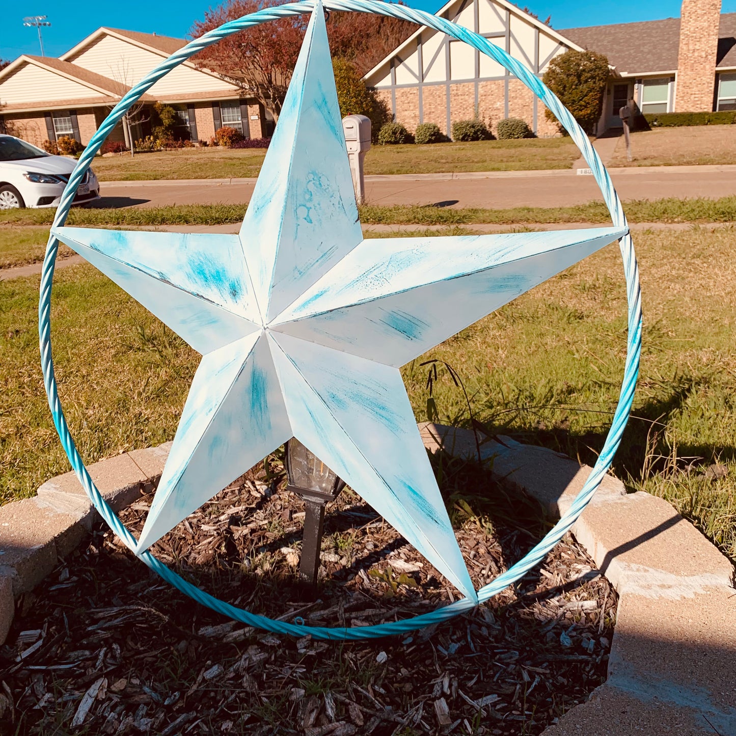 #EH11219 TURQUOISE WHITE DISTRESSED STAR TWO TONE TEXTURE BARN STAR METAL LONESTAR TWISTED ROPE RING WESTERN HOME DECOR HANDMADE NEW