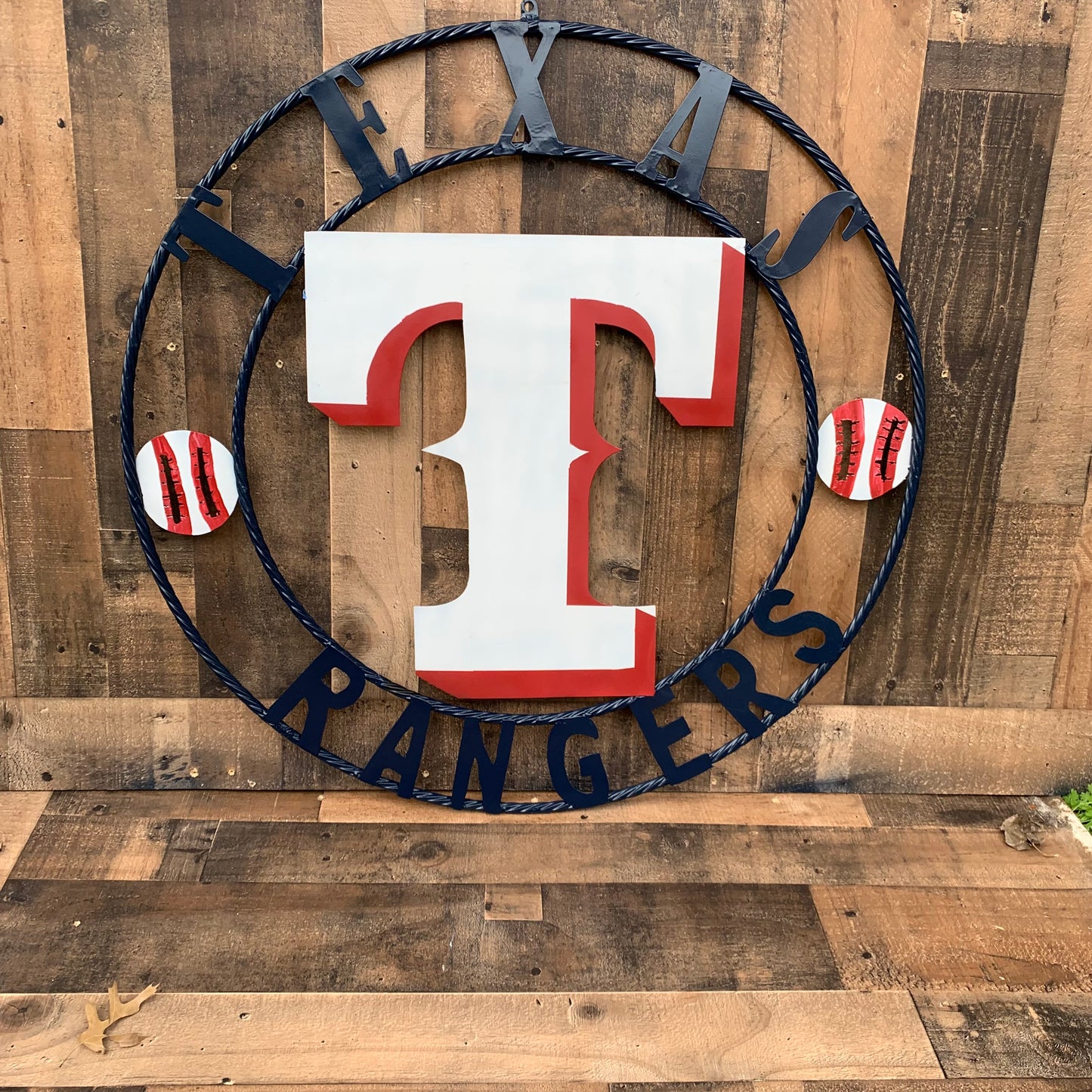 TEXAS RANGERS CUSTOM METAL VINTAGE CRAFT TEAM SIGN WHITE & RED & NAVY BLUE RING HANDMADE