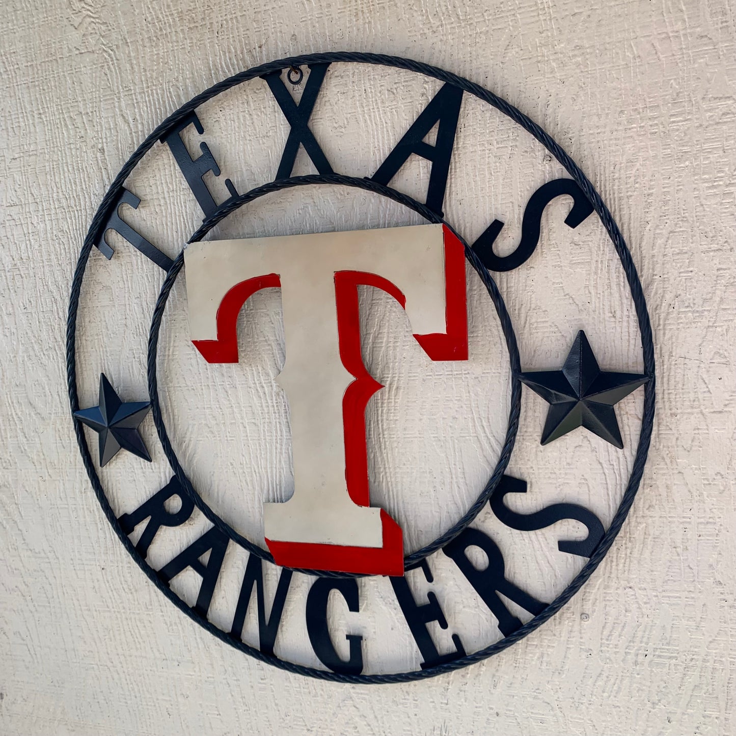 12", 18", 24", 32" TEXAS RANGERS BARN CUSTOM METAL VINTAGE CRAFT SIGN TEAM  WHITE & RED & NAVY BLUE RING & STAR HANDMADE