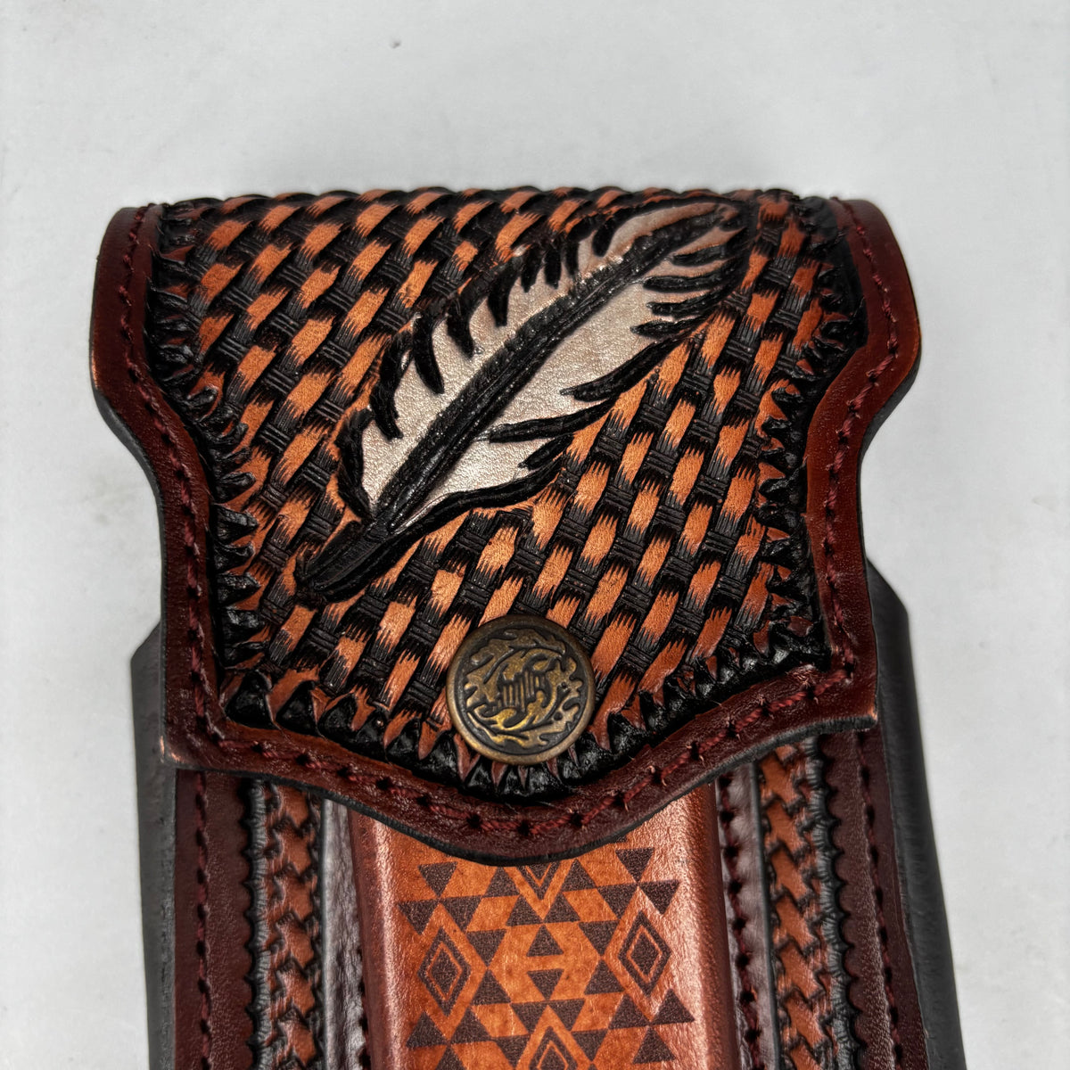 LEAF LEATHER HOLSTER 7" PHONE POUCH WITH KNIFE HOLDER FRONT EXTRA LARGE  BELT LOOP CELL PHONE CASE UNIVERSAL OVERSIZE MEXICO MADE #EH13863