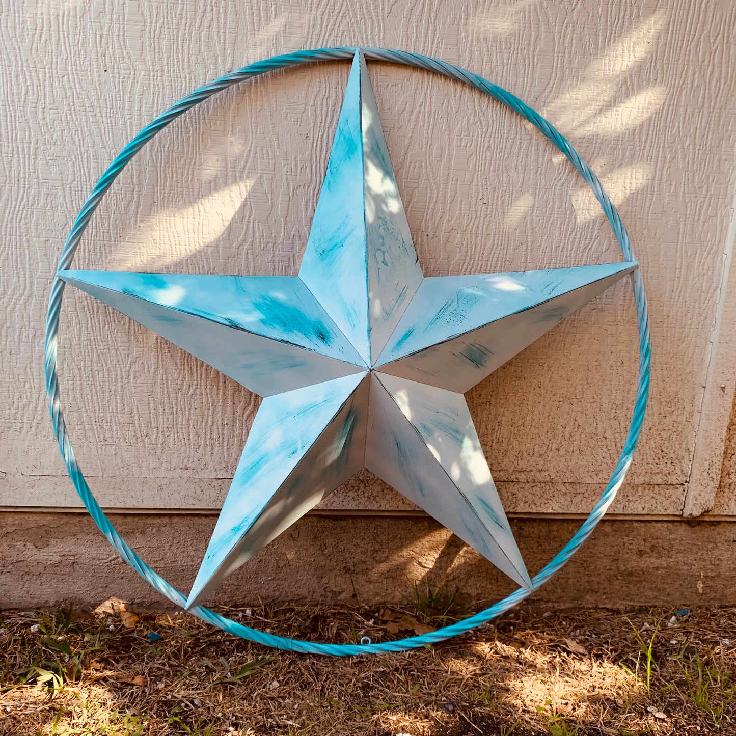 #EH11219 TURQUOISE WHITE DISTRESSED STAR TWO TONE TEXTURE BARN STAR METAL LONESTAR TWISTED ROPE RING WESTERN HOME DECOR HANDMADE NEW
