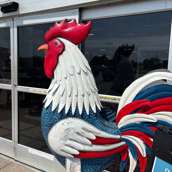 PATRIOTIC ROOSTER 6 FOOT CHICKEN GARDEN ANIMAL SCULPTURE METAL DECOR HANDMADE