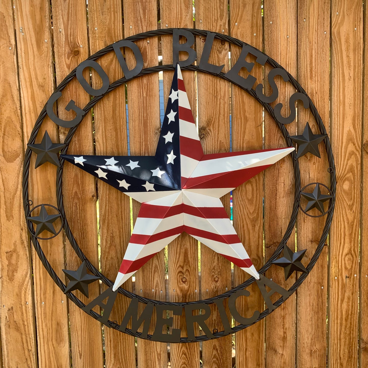 GOD BLESS AMERICA USA FLAG 3d STAR METAL BARN STAR BLACK TWISTED ROPE RING WALL ART WESTERN HOME DECOR RED WHITE & BLUE HANDMADE NEW #EH10490