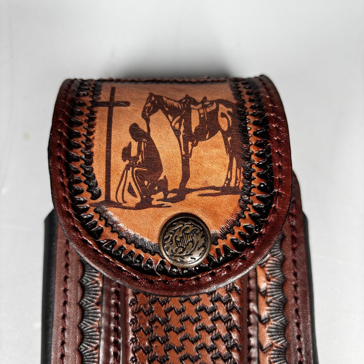 COWBOY PRAYER LEATHER HOLSTER 7" PHONE POUCH WITH KNIFE HOLDER FRONT EXTRA LARGE  BELT LOOP CELL PHONE CASE UNIVERSAL OVERSIZE MADE IN MEXICO #EH13861