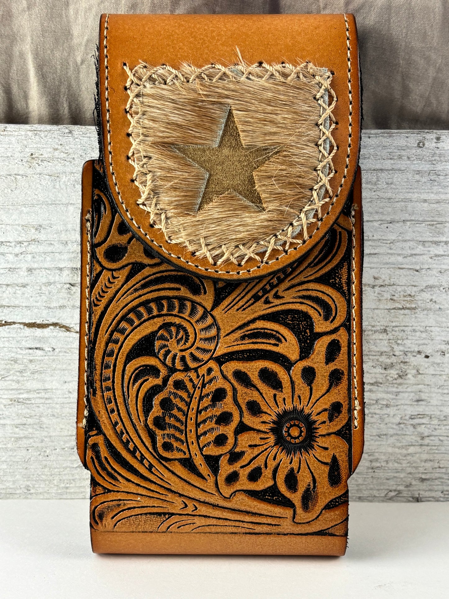 7" STAR LEATHER HOLSTER TAN BROWN STAR POUCH EXTRA LARGE  BELT LOOP CELL PHONE CASE UNIVERSAL OVERSIZE #EH13320