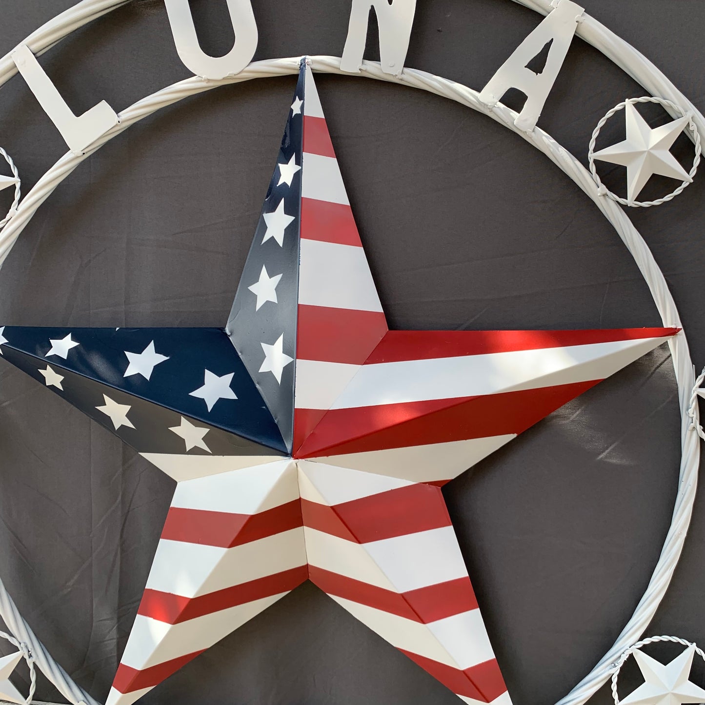 LUNA STYLE CUSTOM NAME BARN STAR METAL STAR 3d TWISTED ROPE RING WESTERN HOME DECOR USA FLAG STAR RED WHOTE & BLUE WITH WHITE RING HANDMADE 24",32",36",50"