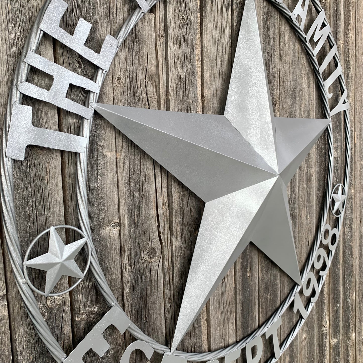 KENT STYLE CUSTOM STAR NAME BARN METAL STAR 3d TWISTED ROPE RING WESTERN HOME DECOR RUSTIC GREY SILVER HANDMADE 24",32",36",50"