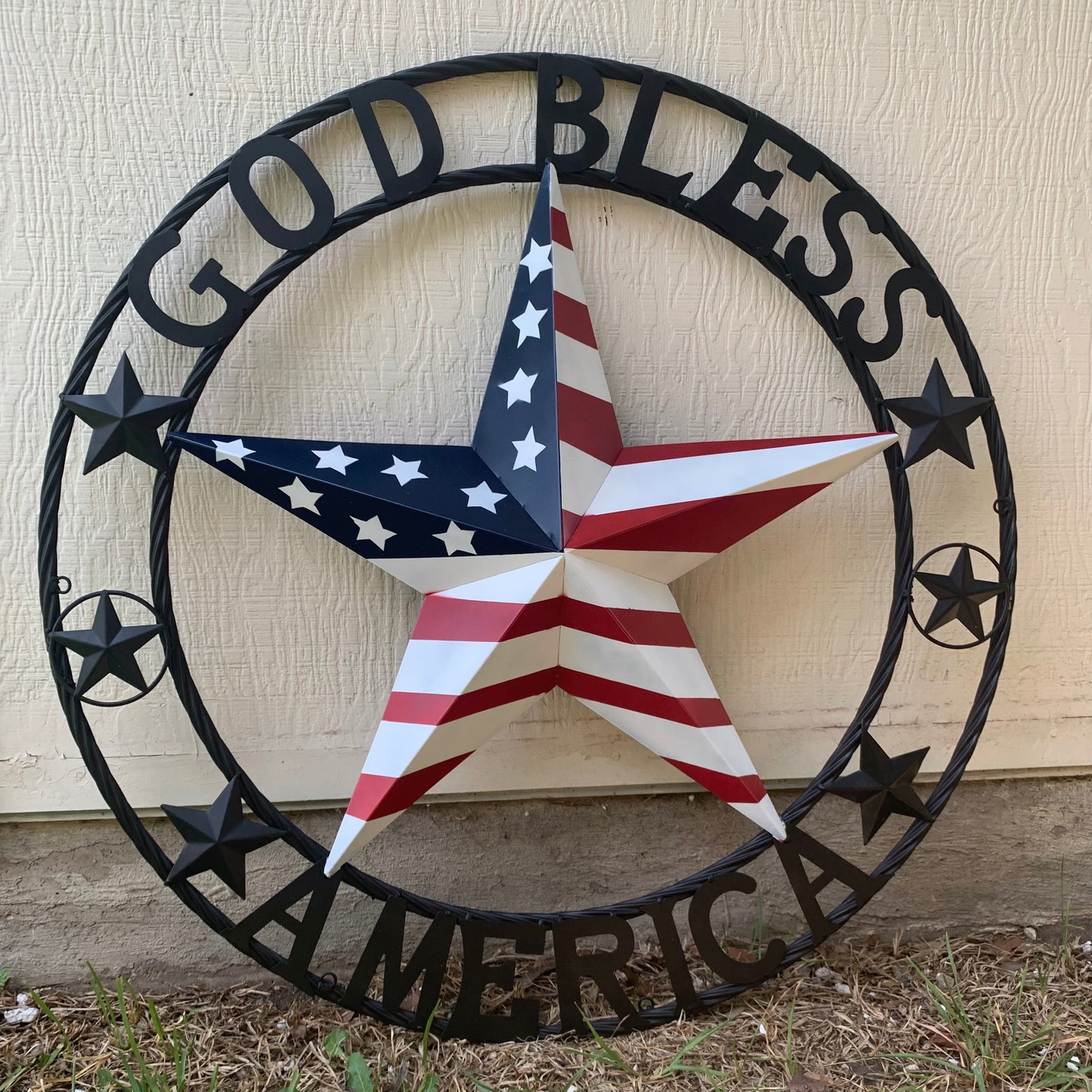 GOD BLESS AMERICA USA FLAG 3d STAR METAL BARN STAR BLACK TWISTED ROPE RING WALL ART WESTERN HOME DECOR RED WHITE & BLUE HANDMADE NEW #EH10490