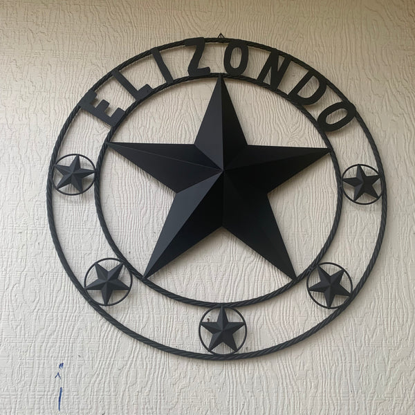 ELIZONDO STYLE CUSTOM NAME STAR BARN METAL STAR 3d TWISTED ROPE RING WESTERN HOME DECOR RUSTIC BLACK HANDMADE 24",32",36",50"