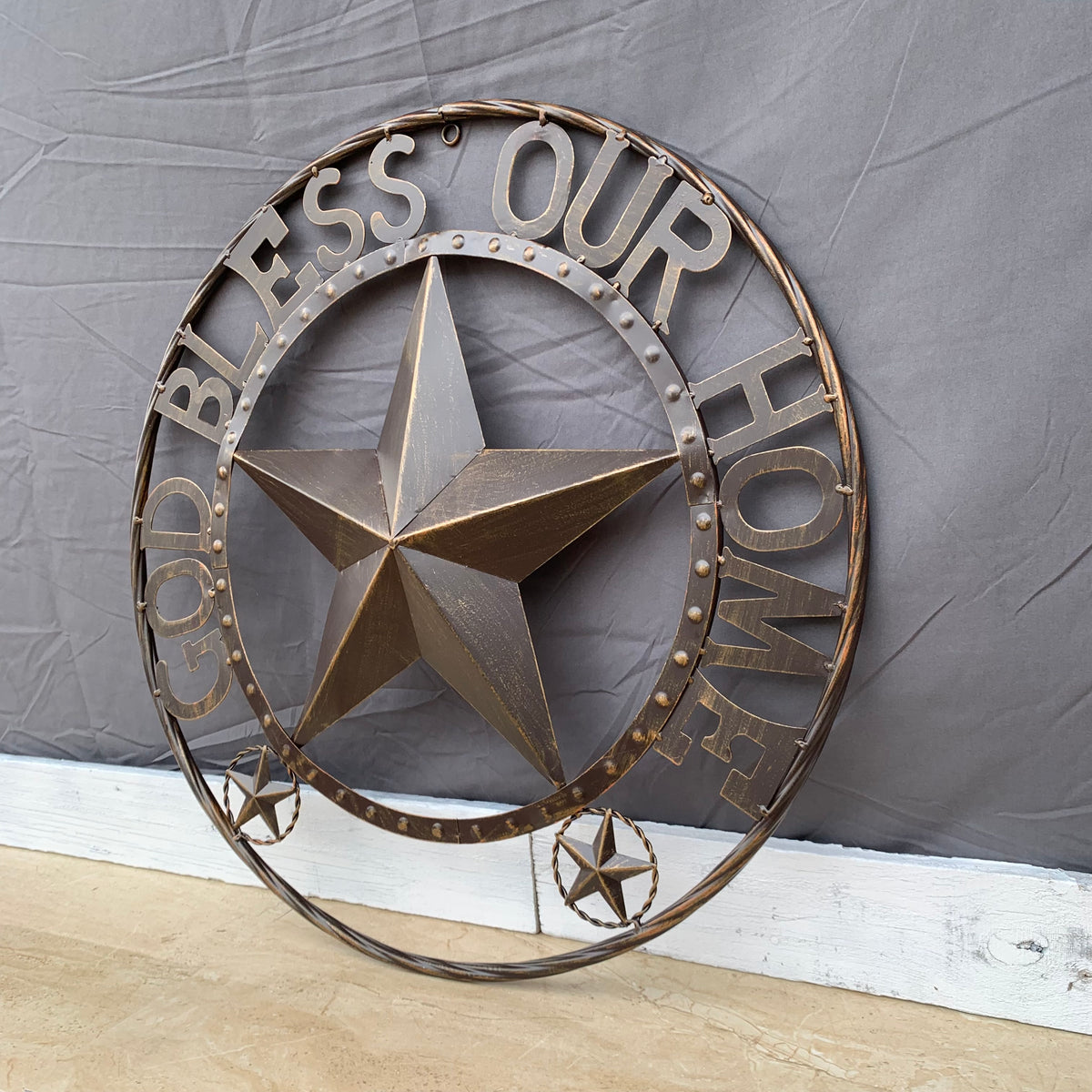 24" GOD BLESS OUR HOME BEADED STAR COLIBROX METAL TWISTED ROPE RING LONE STAR WALL ART WESTERN HOME DECOR RUSTIC DARK BRONZE COPPER HANDMADE NEW