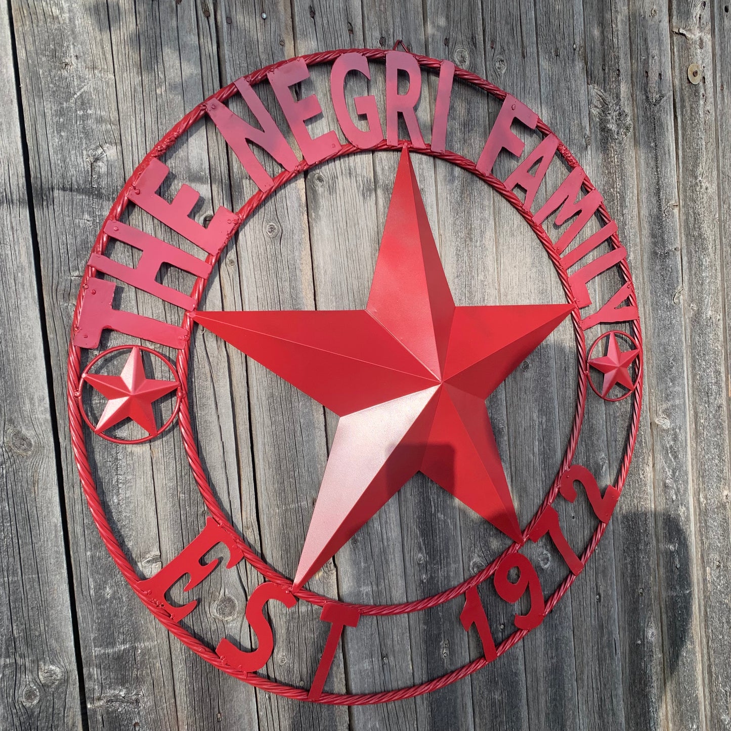 NEGRI FAMILY STYLE YOUR CUSTOM NAME STAR BARN STAR METAL LONE STAR WESTERN HOME DECOR RUSTIC BURGUNDY RED HANDMADE 24",32",36",50"