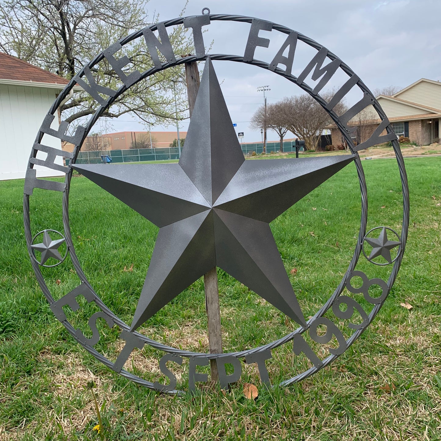 KENT STYLE CUSTOM STAR NAME BARN METAL STAR 3d TWISTED ROPE RING WESTERN HOME DECOR RUSTIC GREY SILVER HANDMADE 24",32",36",50"