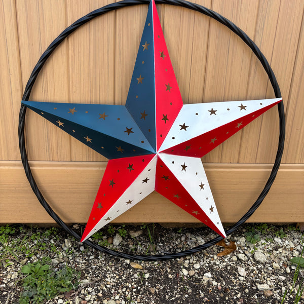 24" RED WHITE BLUE STAR USA FLAG STAR WITH SMALL STAR CUTOUT WESTERN HOME DECOR HANDMADE# EH12312