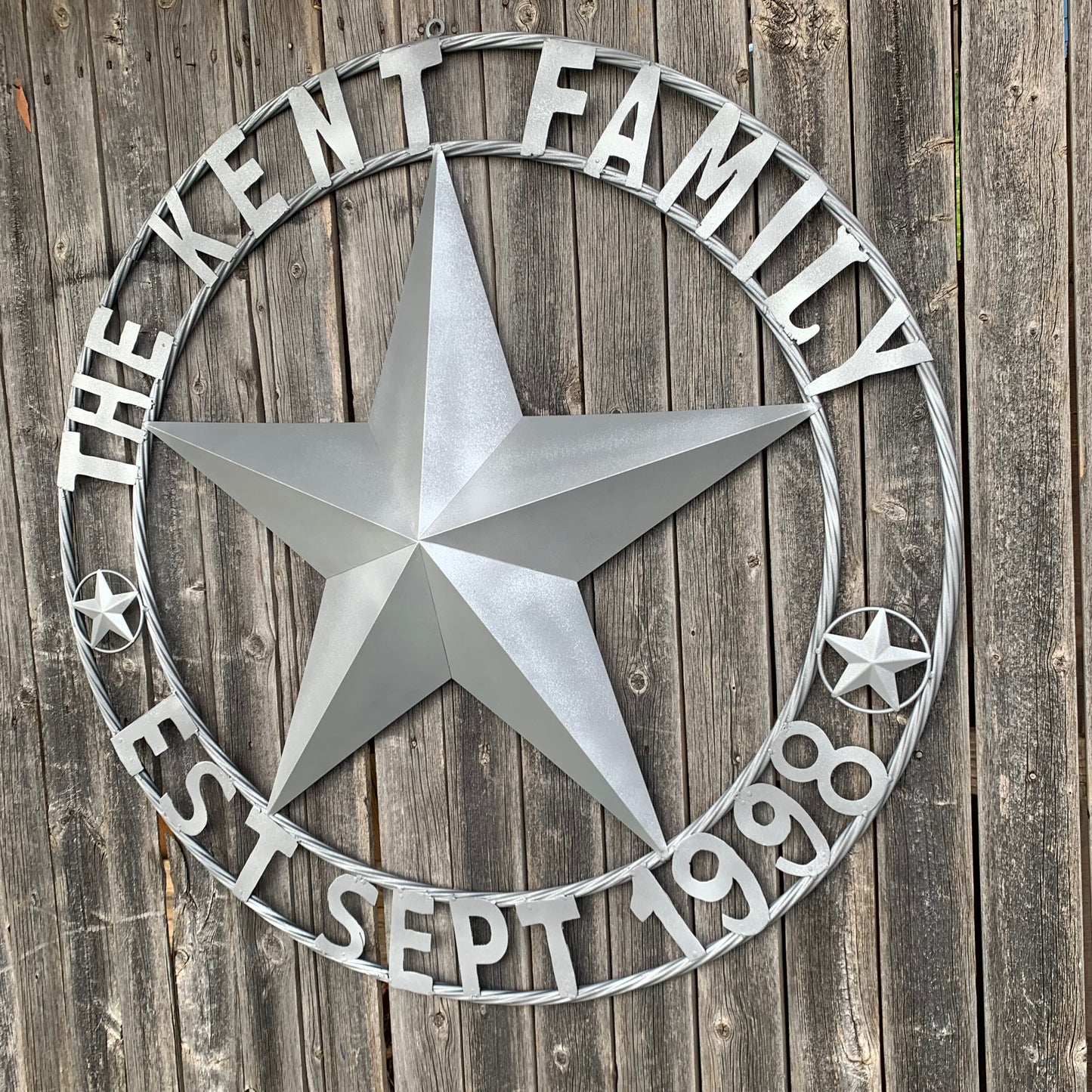 KENT STYLE CUSTOM STAR NAME BARN METAL STAR 3d TWISTED ROPE RING WESTERN HOME DECOR RUSTIC GREY SILVER HANDMADE 24",32",36",50"