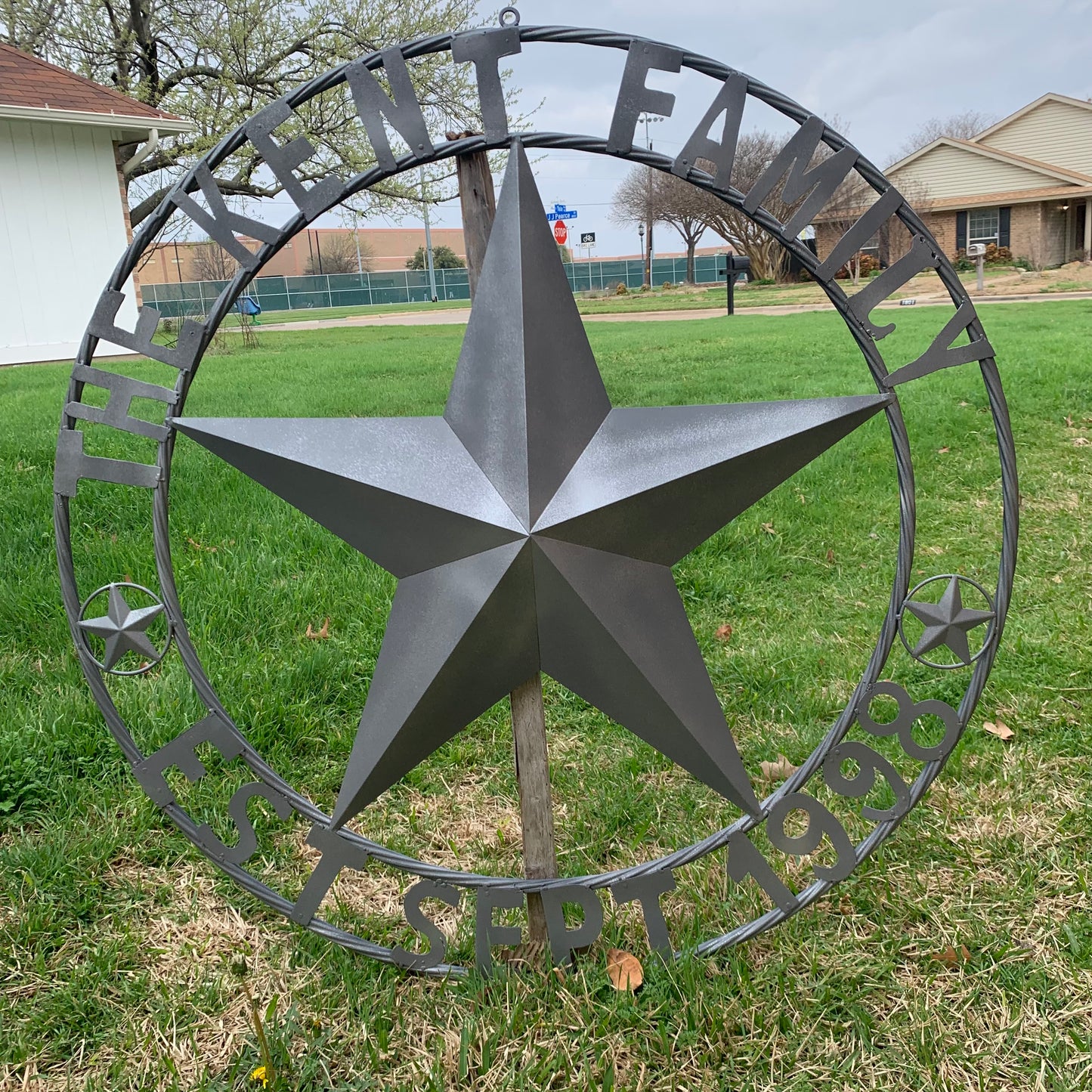 KENT STYLE CUSTOM STAR NAME BARN METAL STAR 3d TWISTED ROPE RING WESTERN HOME DECOR RUSTIC GREY SILVER HANDMADE 24",32",36",50"