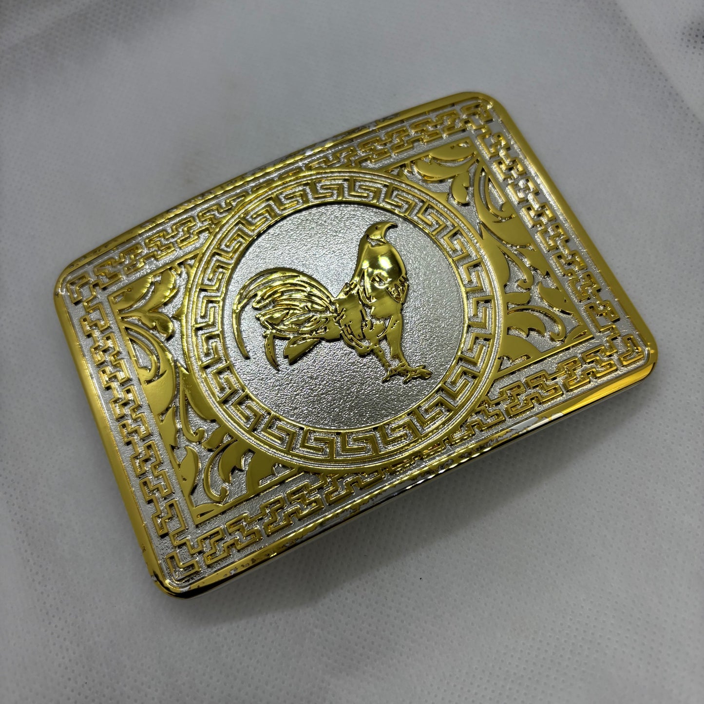 ROOSTER BELT BUCKLE GOLD WHITE WESTERN METAL BUCKLE FASHION ART 4.5" X 3.5"  #EH13237