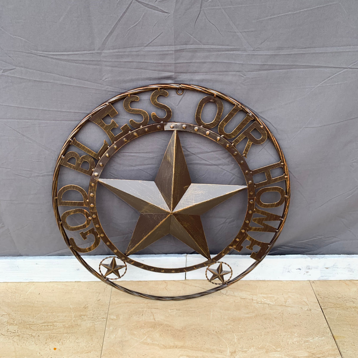 24" GOD BLESS OUR HOME BEADED STAR COLIBROX METAL TWISTED ROPE RING LONE STAR WALL ART WESTERN HOME DECOR RUSTIC DARK BRONZE COPPER HANDMADE NEW