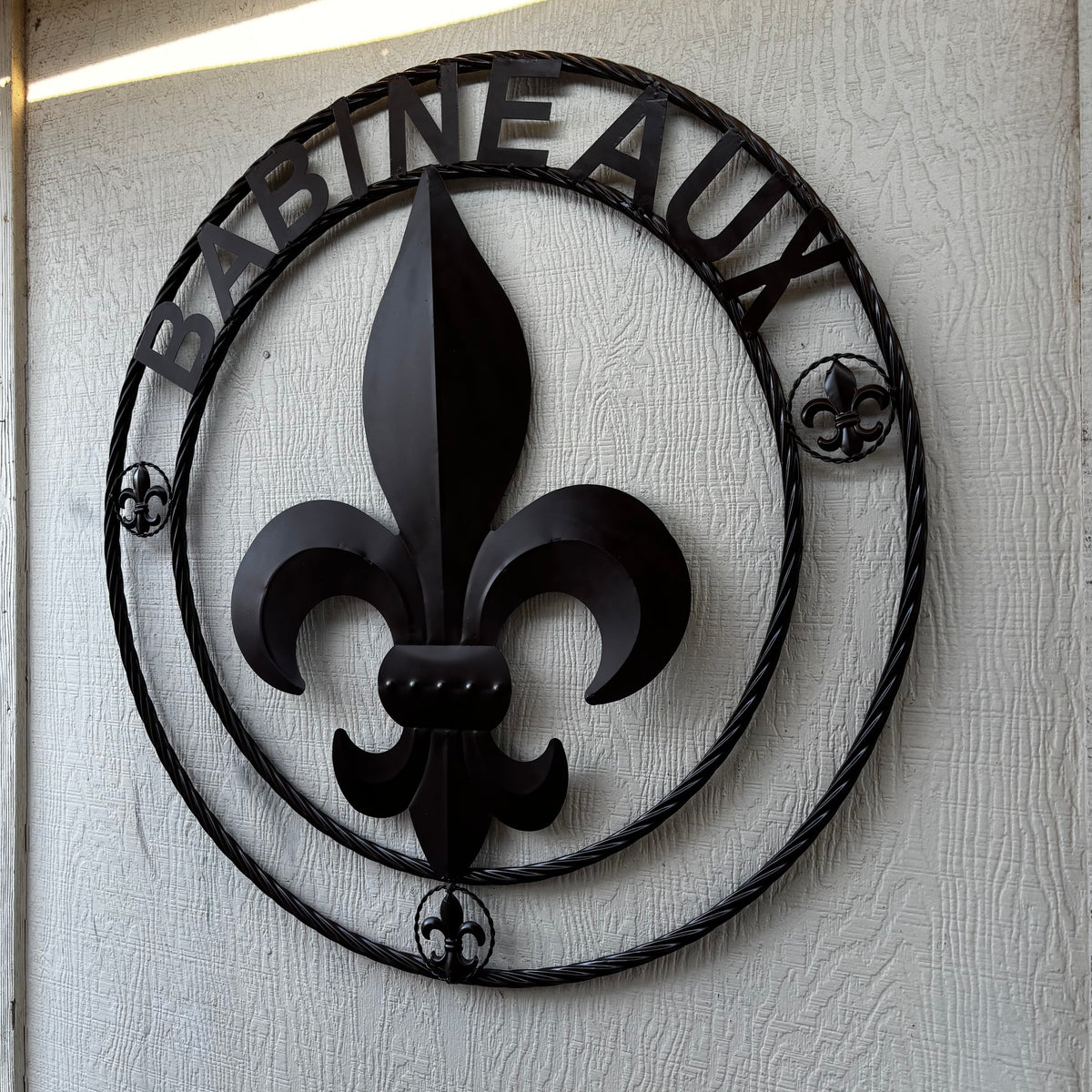 BABINEAUX STYLE YOUR CUSTOM NAME FLEUR DE LIS BROWN METAL TWISTED ROPE RING SIGN WALL ART WESTERN HOME DECOR HANDMADE 24", 32", 36"