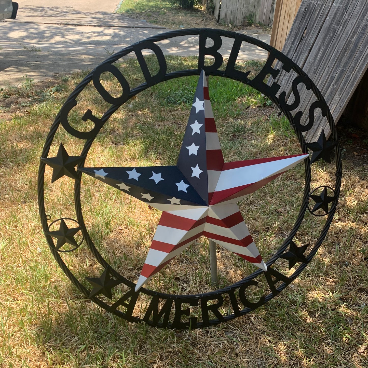 GOD BLESS AMERICA USA FLAG 3d STAR METAL BARN STAR BLACK TWISTED ROPE RING WALL ART WESTERN HOME DECOR RED WHITE & BLUE HANDMADE NEW #EH10490