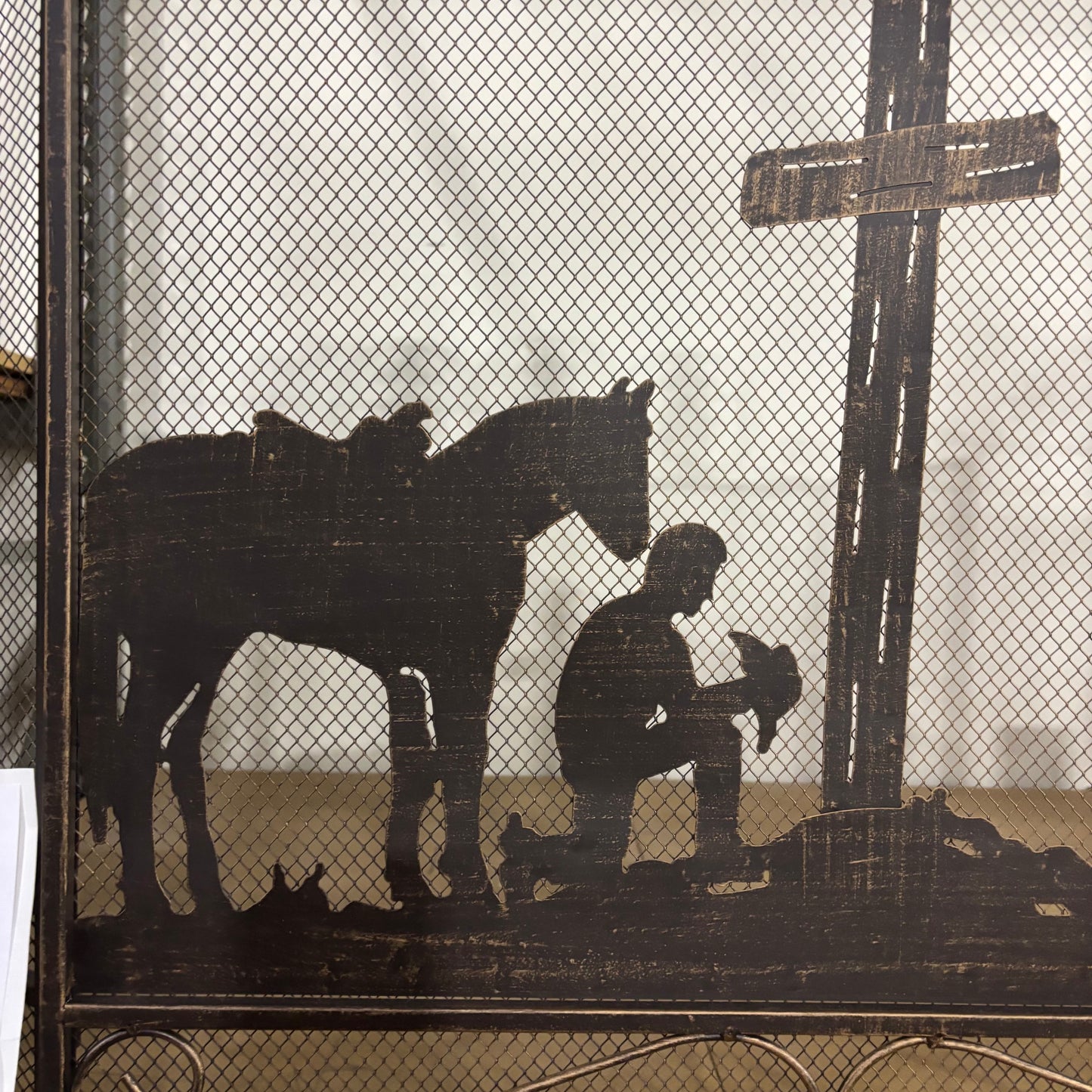 PRAYING COWBOY CHURCH METAL FIREPLACE SCREEN 39" X 34" WESTERN HOME DECOR HANDMADE #EH80004