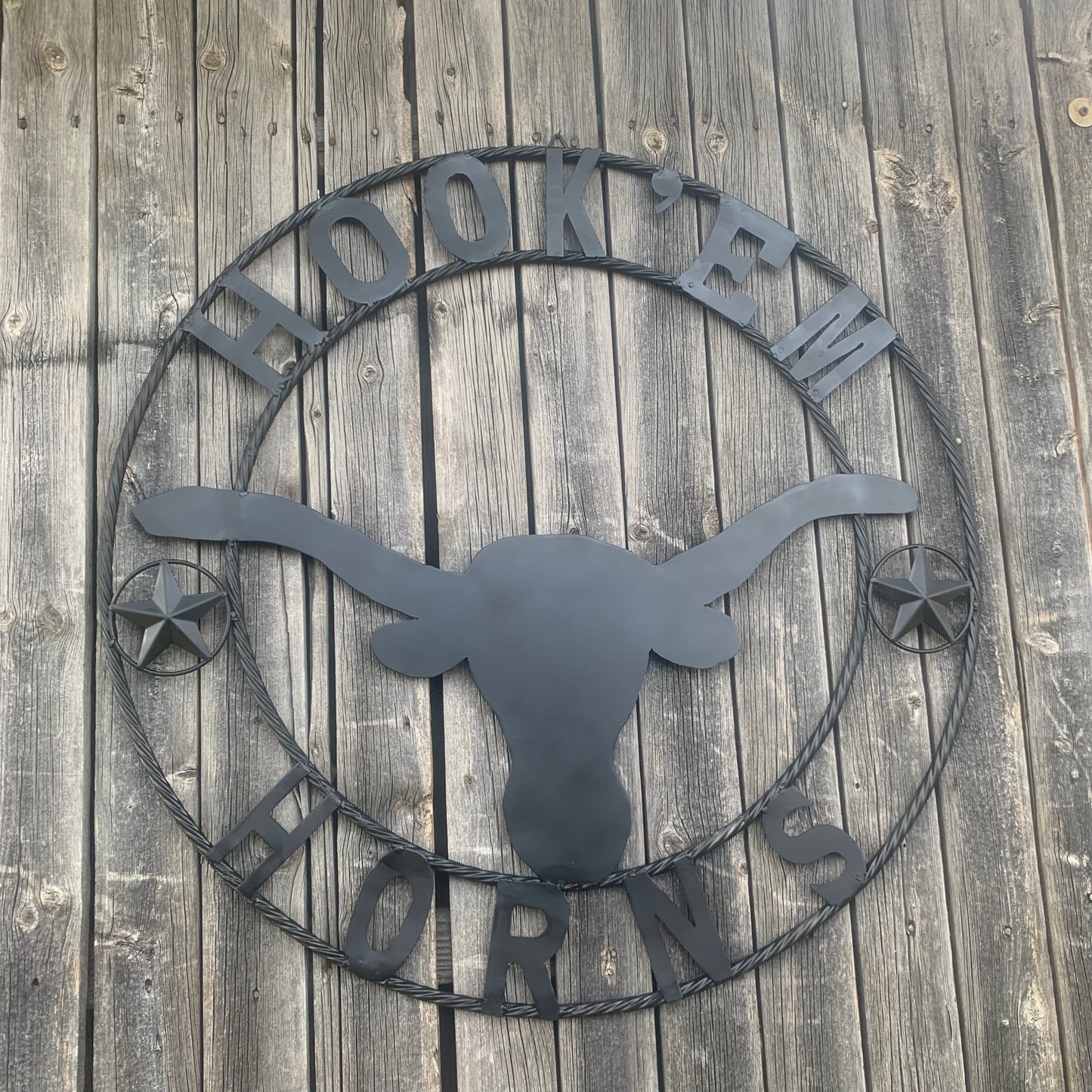 HOOKEM HORNS WITH LONE STAR TEXAS LONGHORNS HOOK EM BLACK METAL CUSTOM VINTAGE CRAFT WALL ART TEAM SIGN HANDMADE