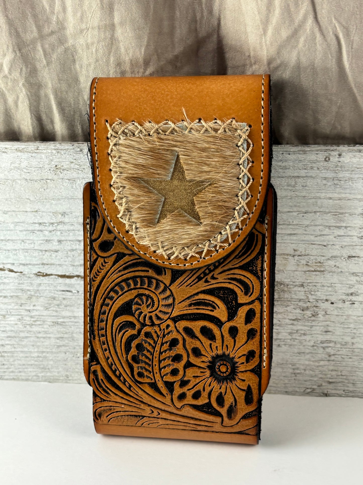 7" STAR LEATHER HOLSTER TAN BROWN STAR POUCH EXTRA LARGE  BELT LOOP CELL PHONE CASE UNIVERSAL OVERSIZE #EH13320