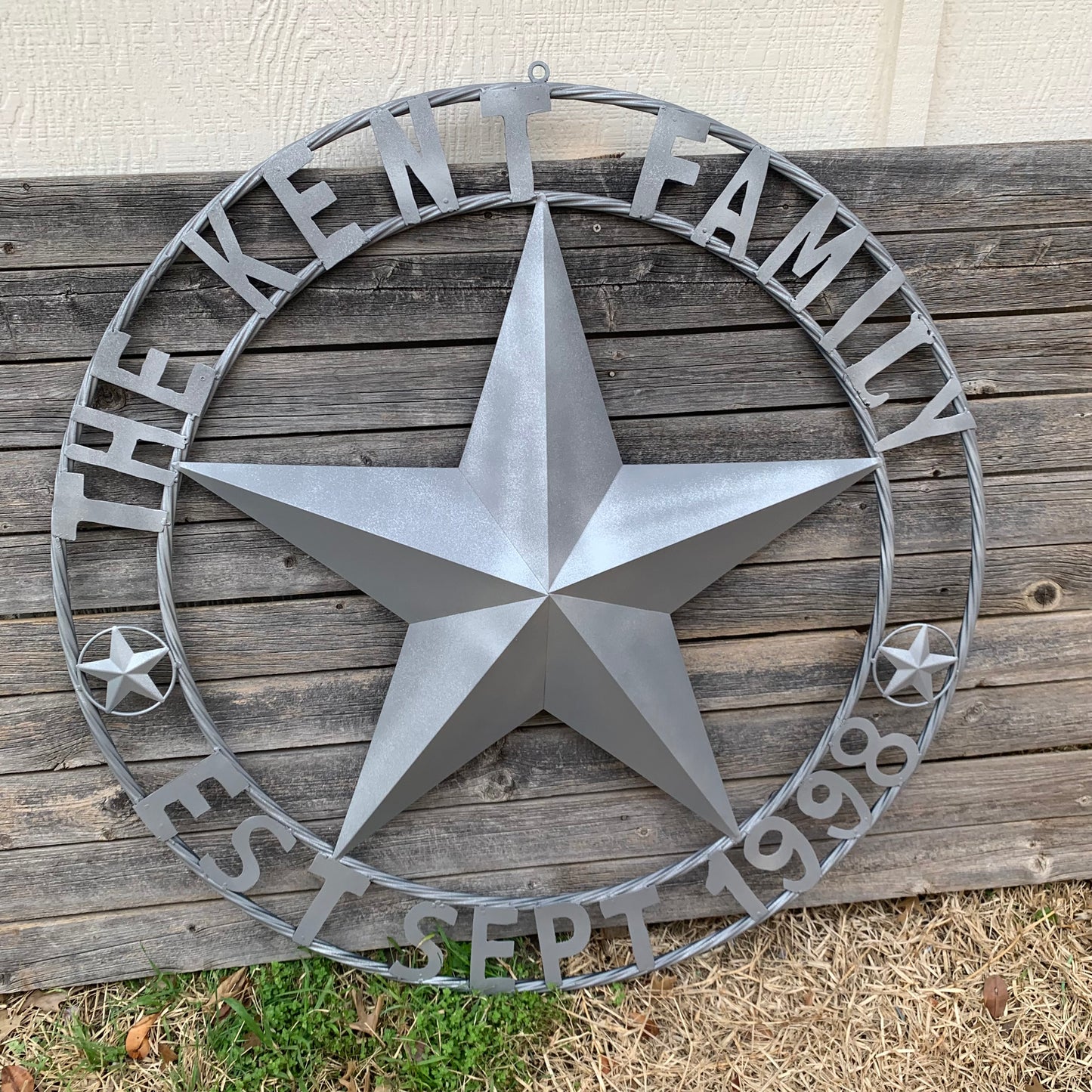 KENT STYLE CUSTOM STAR NAME BARN METAL STAR 3d TWISTED ROPE RING WESTERN HOME DECOR RUSTIC GREY SILVER HANDMADE 24",32",36",50"