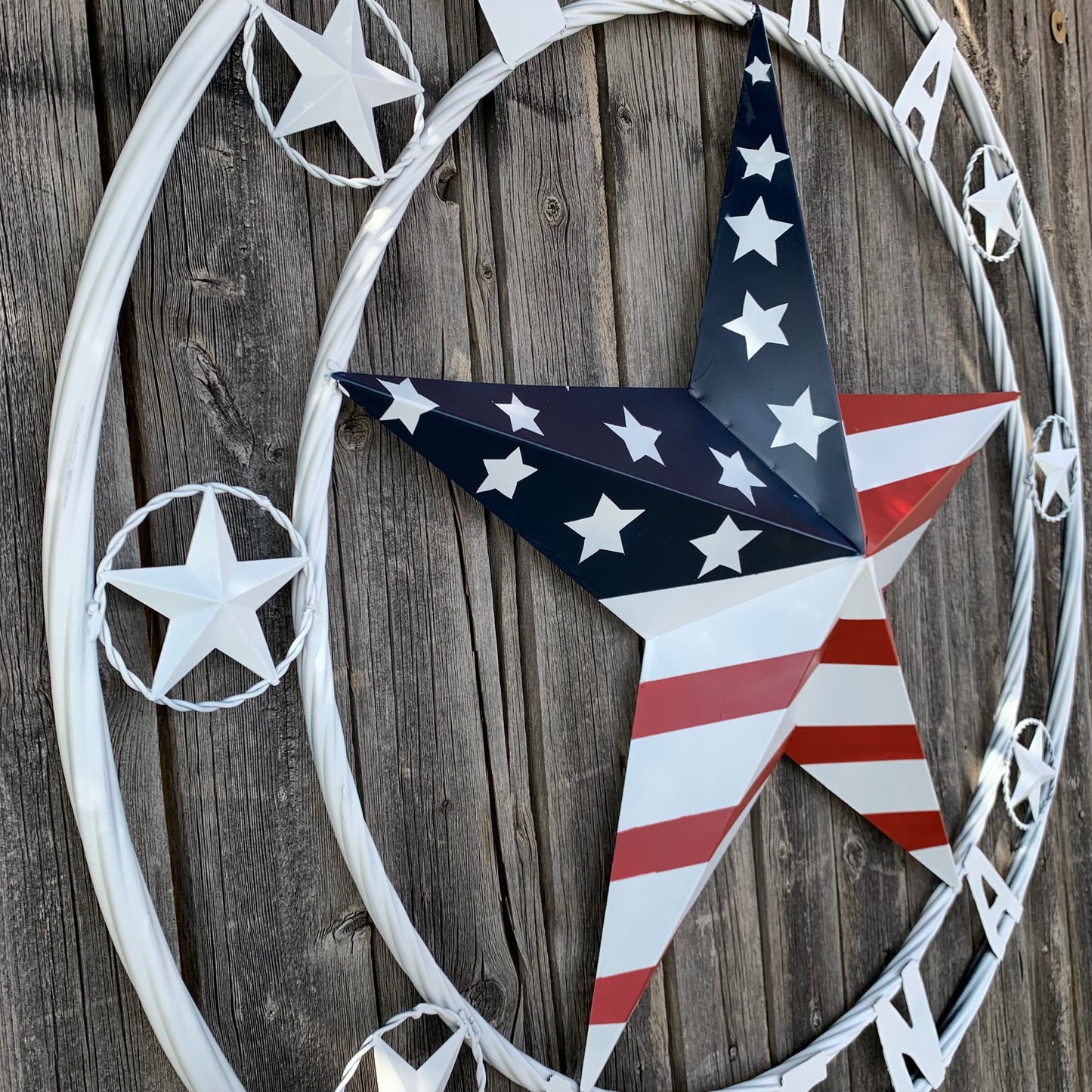 LUNA STYLE CUSTOM NAME BARN STAR METAL STAR 3d TWISTED ROPE RING WESTERN HOME DECOR USA FLAG STAR RED WHOTE & BLUE WITH WHITE RING HANDMADE 24",32",36",50"
