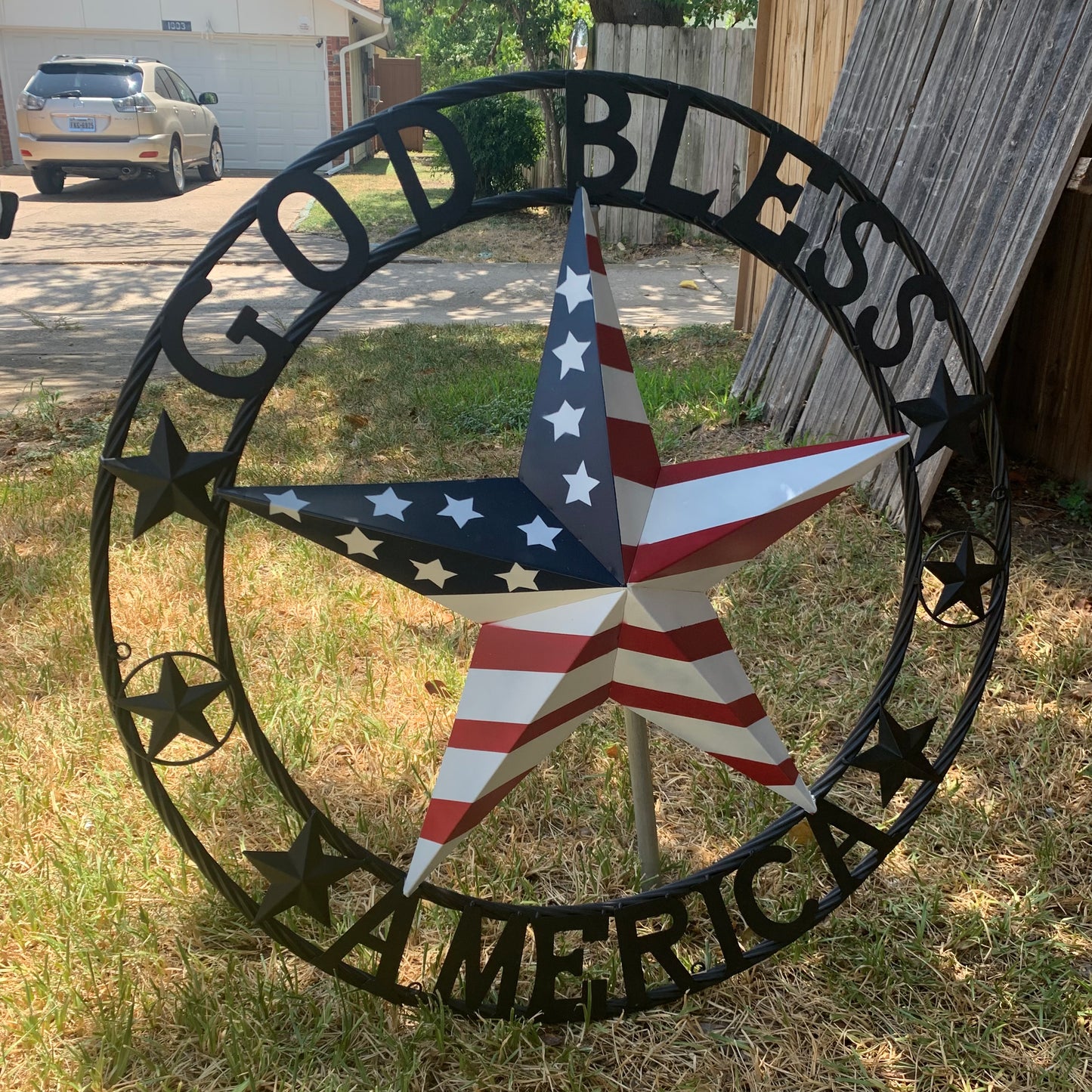 GOD BLESS AMERICA USA FLAG 3d STAR METAL BARN STAR BLACK TWISTED ROPE RING WALL ART WESTERN HOME DECOR RED WHITE & BLUE HANDMADE NEW #EH10490
