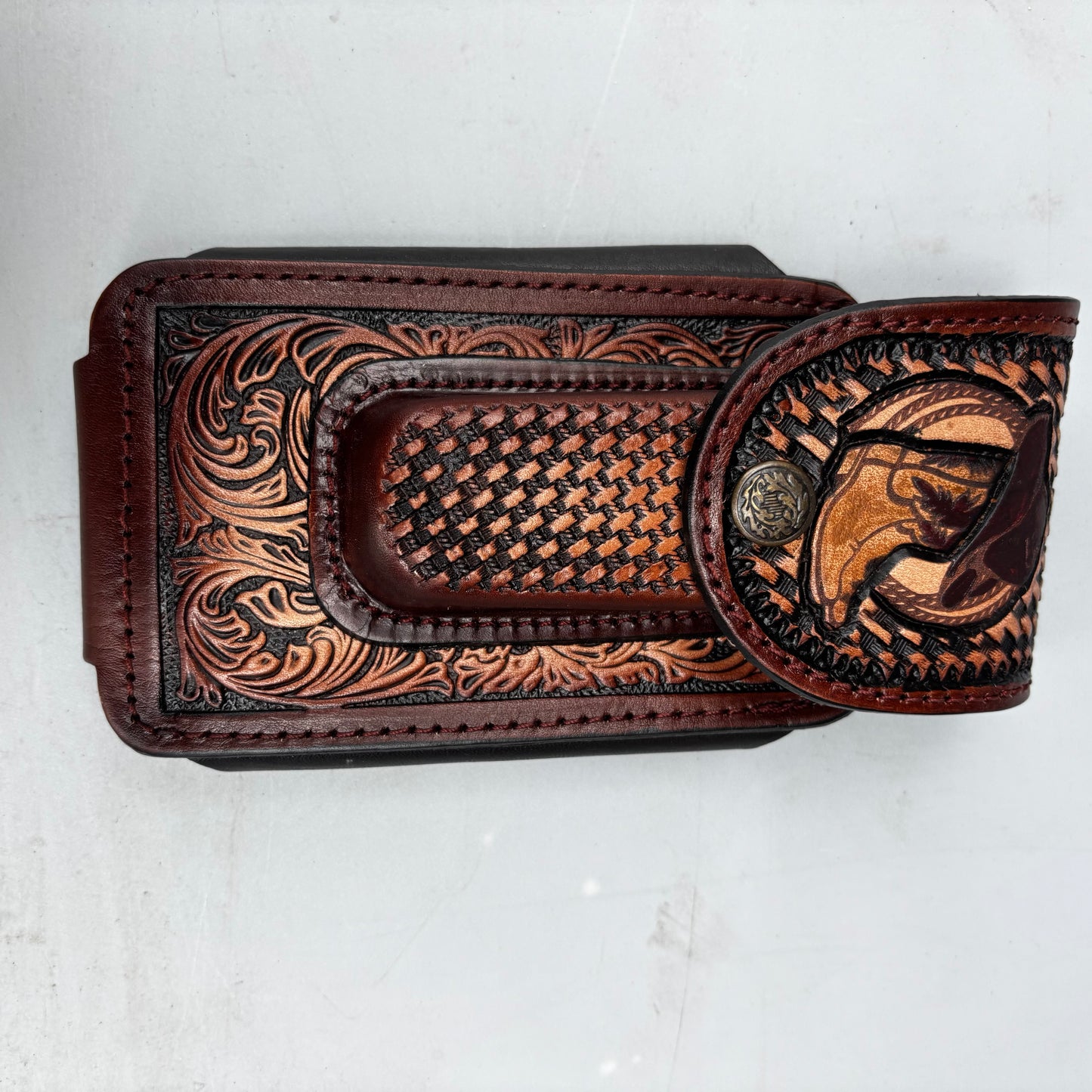 COWBOY BOOT HAT ROPING LEATHER HOLSTER 7" PHONE POUCH WITH KNIFE HOLDER FRONT EXTRA LARGE  BELT LOOP CELL PHONE CASE UNIVERSAL OVERSIZE MADE IN MEXICO #EH13862