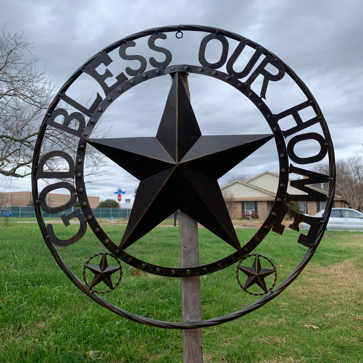 24" GOD BLESS OUR HOME BEADED STAR COLIBROX METAL TWISTED ROPE RING LONE STAR WALL ART WESTERN HOME DECOR RUSTIC DARK BRONZE COPPER HANDMADE NEW