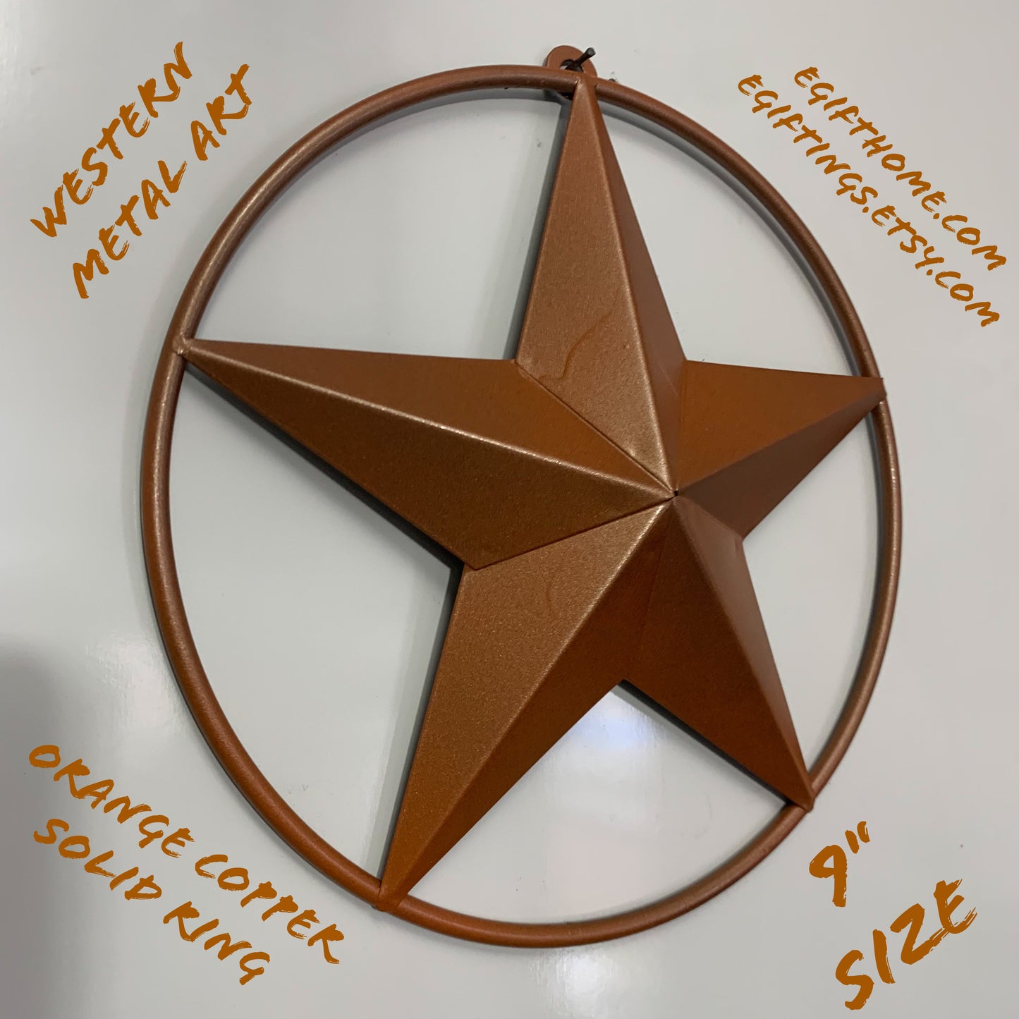 ORANGE COPPER SOLID RING BARN STAR 3",4",6",9",12" METAL LONE STAR WESTERN HOME DECOR HANDMADE-#EH10026