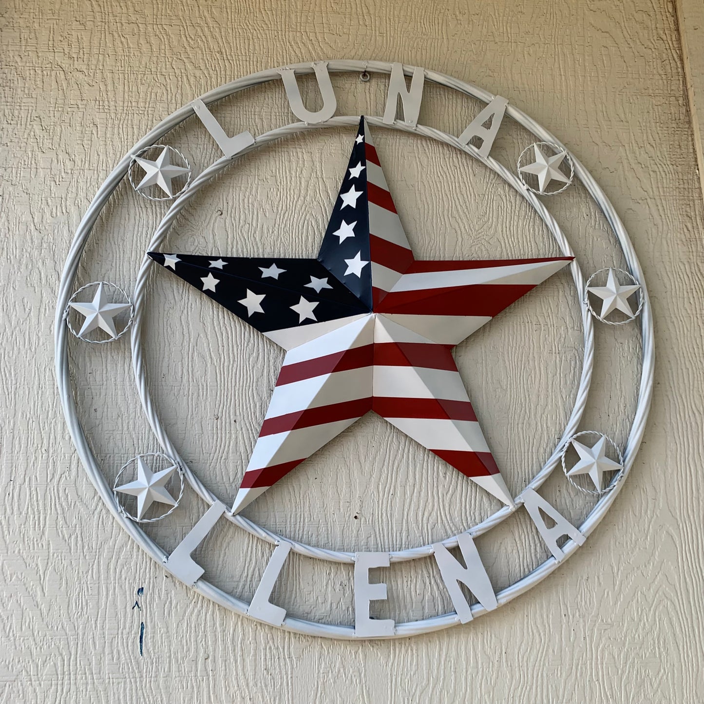 LUNA STYLE CUSTOM NAME BARN STAR METAL STAR 3d TWISTED ROPE RING WESTERN HOME DECOR USA FLAG STAR RED WHOTE & BLUE WITH WHITE RING HANDMADE 24",32",36",50"