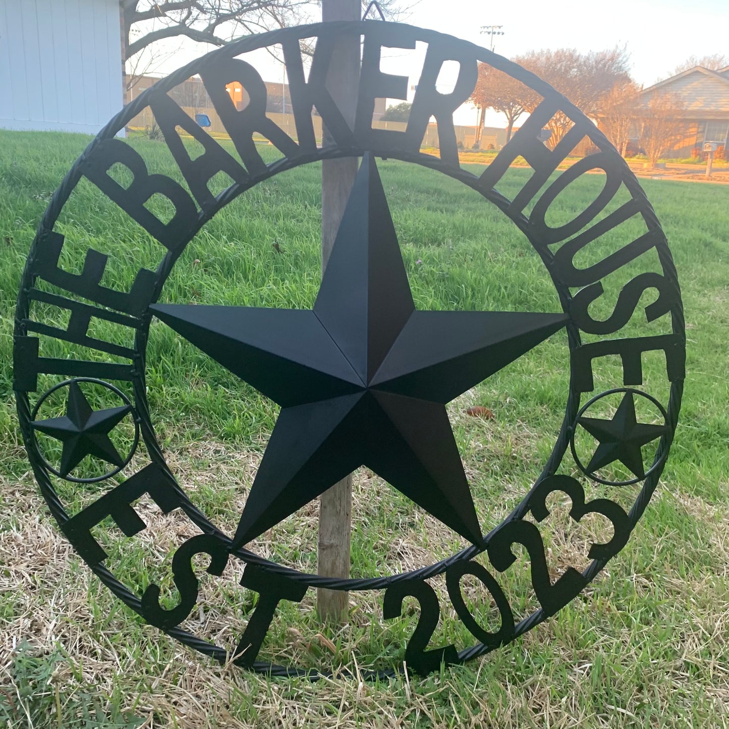 BARKER STYLE CUSTOM NAME STAR BARN METAL STAR 3d TWISTED ROPE RING LONESTAR WESTERN HOME DECOR RUSTIC BLACK HANDMADE 24",32",36",50"