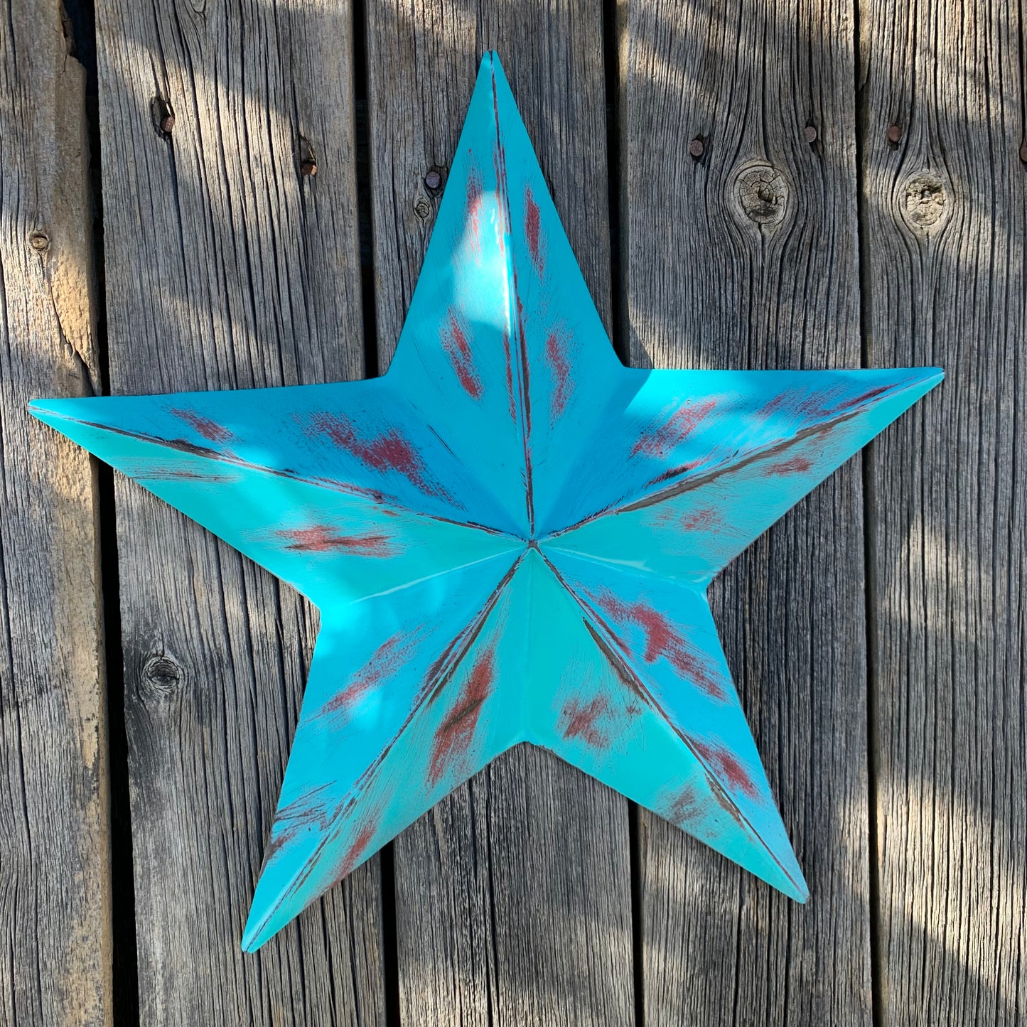TURQUOISE DISTRESSED TWO TONE BARN STAR METAL ART WESTERN HOME DECOR HANDMADE NEW