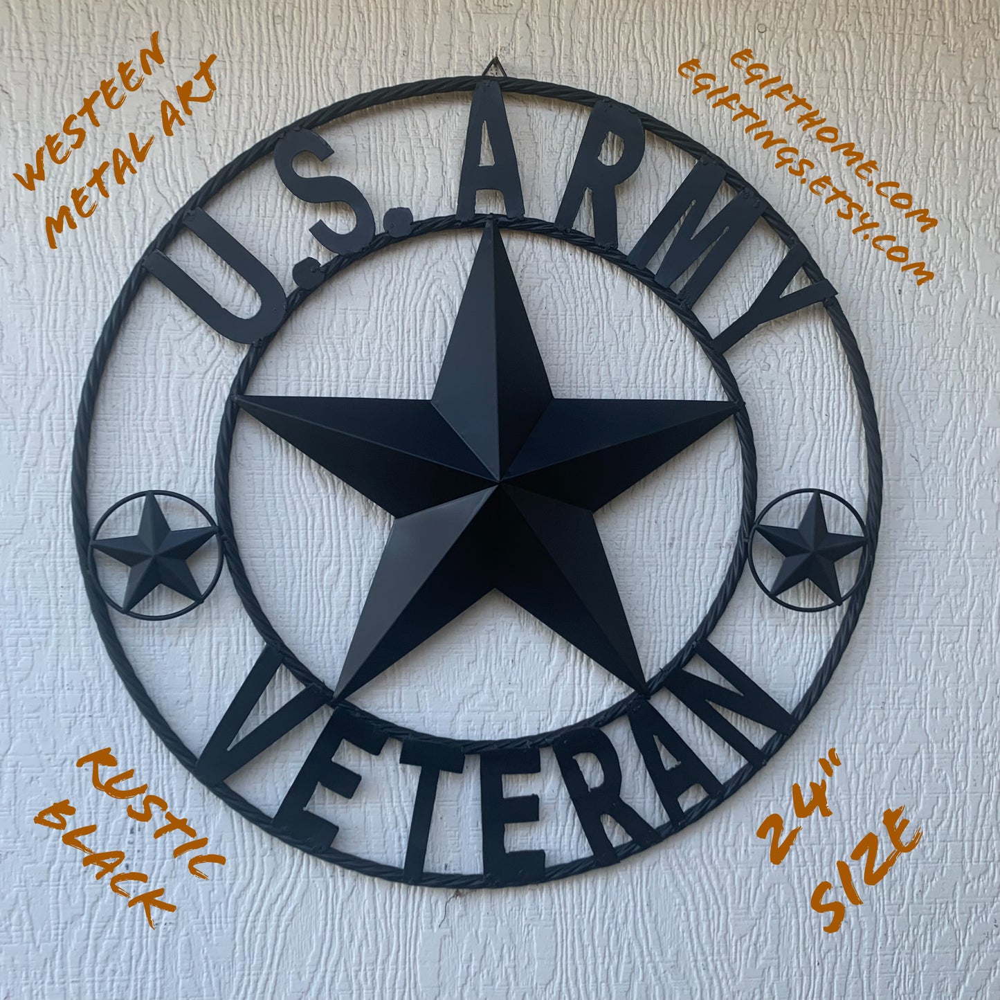 US ARMY VETERAN BARN STAR METAL LONESTAR CUSTOM NAME STAR WESTERN HOME DECOR RUSTIC BLACK  24",32",36",50"