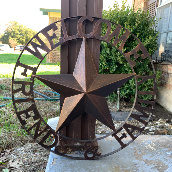 WELCOME FRIENDS FAMILY BARN METAL STAR WALL ART WESTERN HOME DECOR HANDMADE NEW