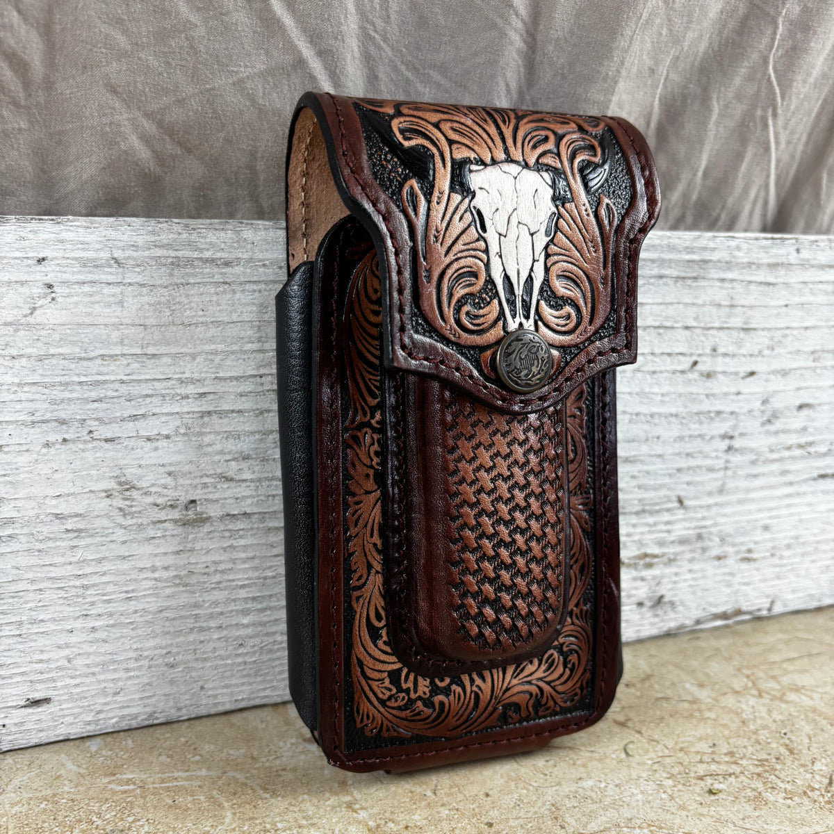 LONGHORN LEATHER HOLSTER 7" PHONE POUCH WITH KNIFE HOLDER FRONT EXTRA LARGE  BELT LOOP CELL PHONE CASE UNIVERSAL OVERSIZE MEXICO MADE #EH13806